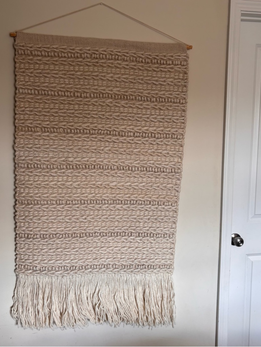Handwoven Wool Wall Hanging Lrg Chunky Textured Natural Cream Long Fringe 30x54”